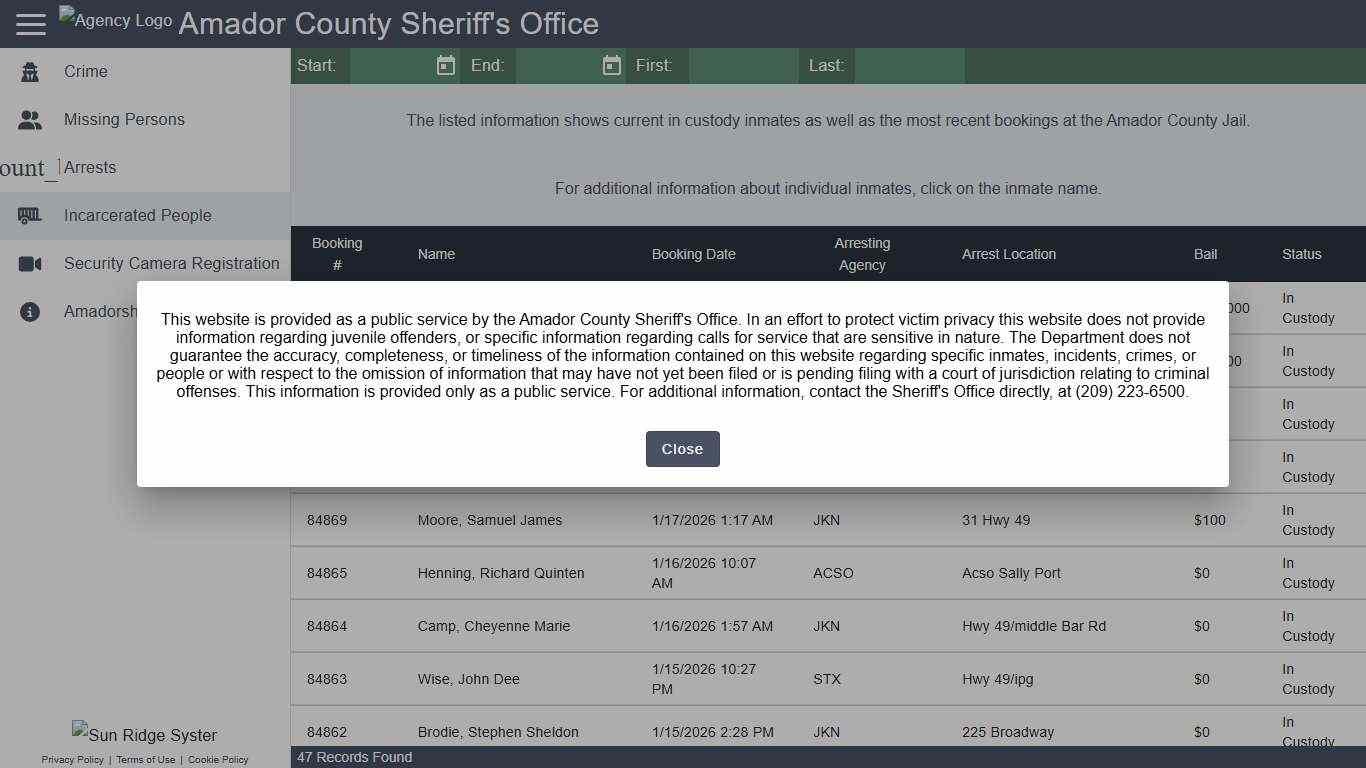 Amador County Sheriff's Office - Incarcerated People
